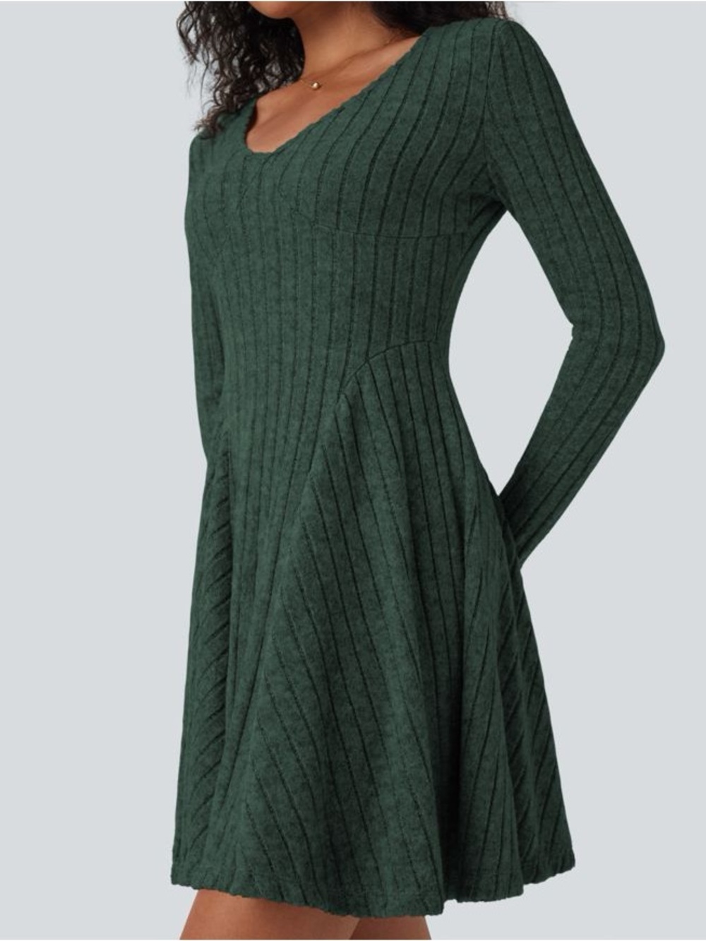 HALARA Ribbed Knit V-Neck Long Sleeve Green Mini Dress Size S
